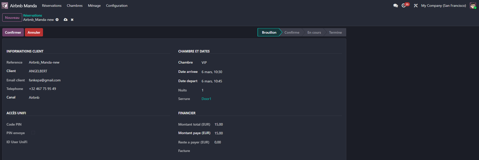 Module Odoo Gestion Accès UniFi — Vue réservation