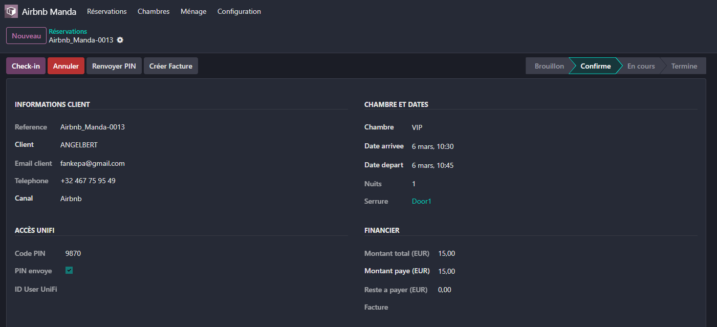Réservation confirmée avec code PIN généré automatiquement