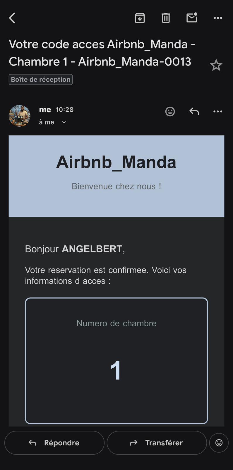 Email reçu par le client avec informations de séjour